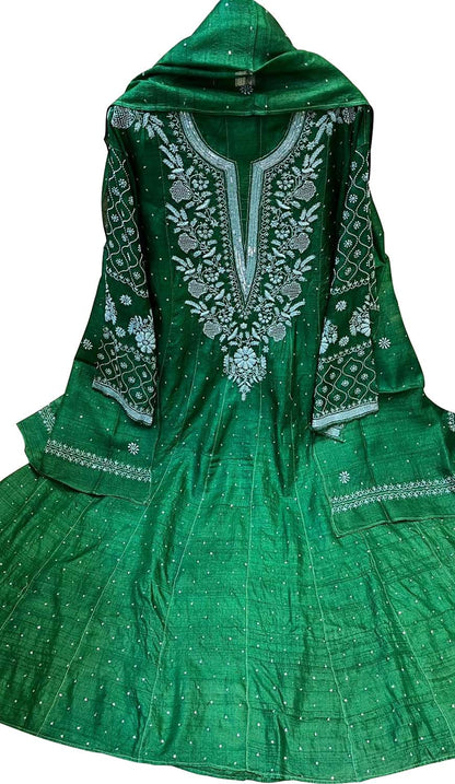Elegant Green Chikankari Silk Anarkali Suit Set - Luxurion World