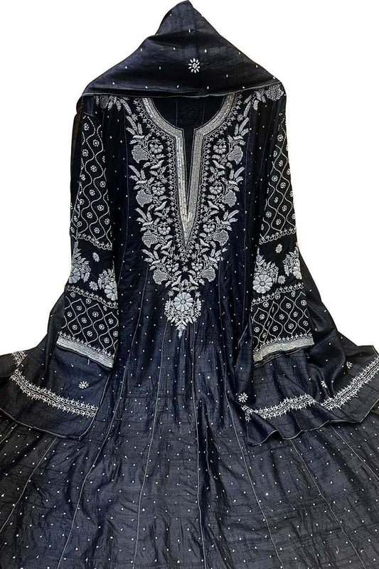 Elegant Black Chikankari Tussar Silk Anarkali Suit Set - Luxurion World