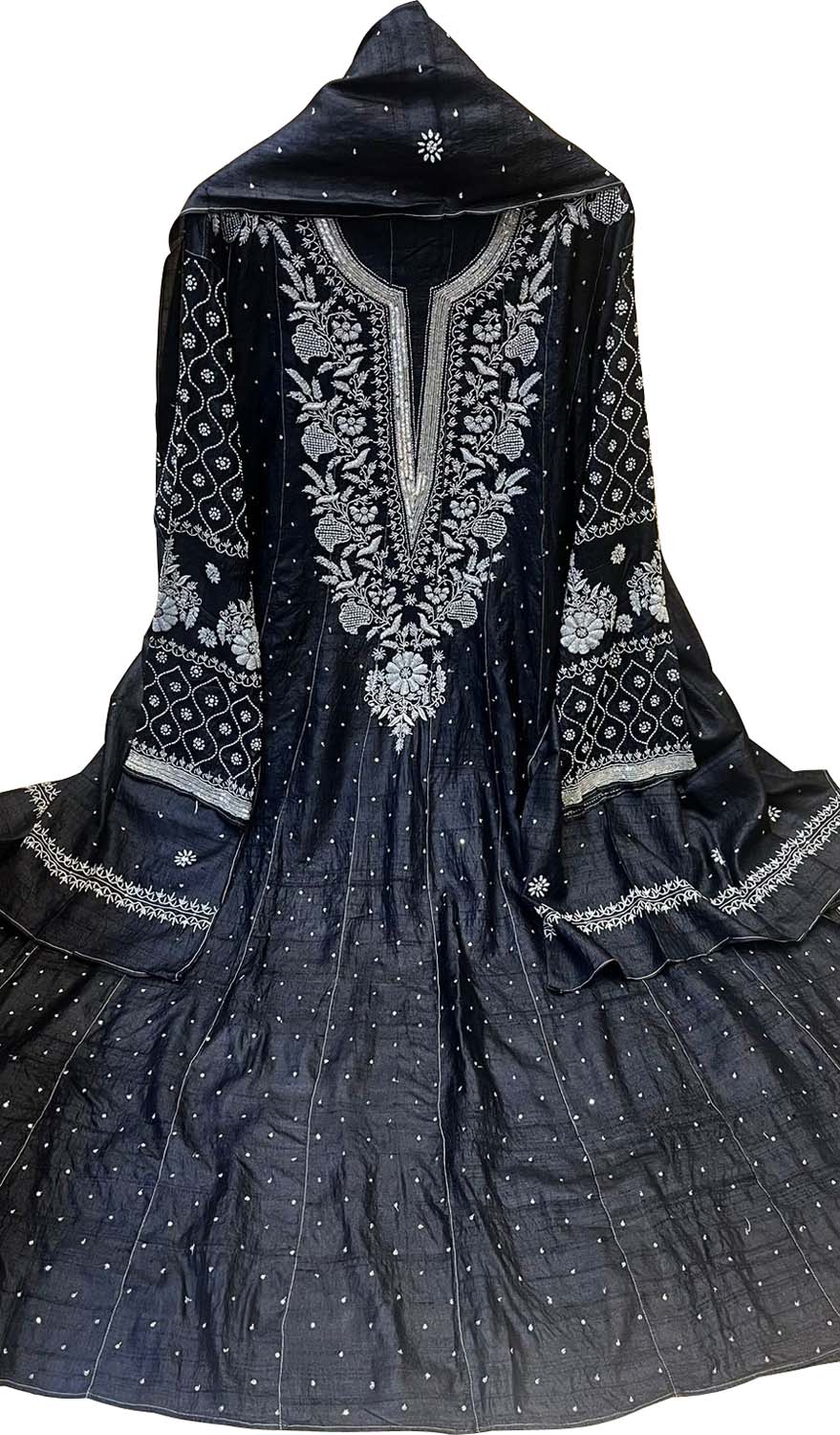 Elegant Black Chikankari Tussar Silk Anarkali Suit Set - Luxurion World