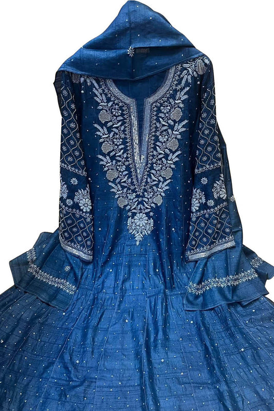Elegant Blue Chikankari Silk Anarkali Suit Set - Luxurion World
