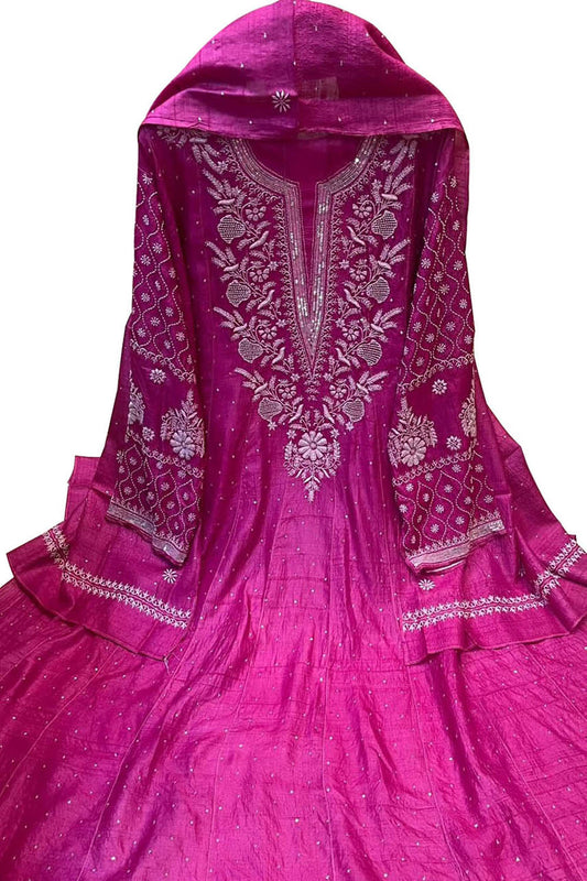 Elegant Pink Chikankari Tussar Silk Anarkali Suit Set - Luxurion World