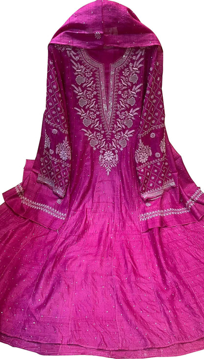 Elegant Pink Chikankari Tussar Silk Anarkali Suit Set - Luxurion World
