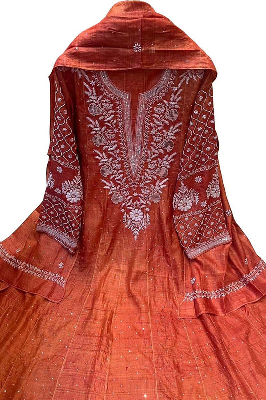 Elegant Orange Chikankari Tussar Silk Anarkali Suit Set