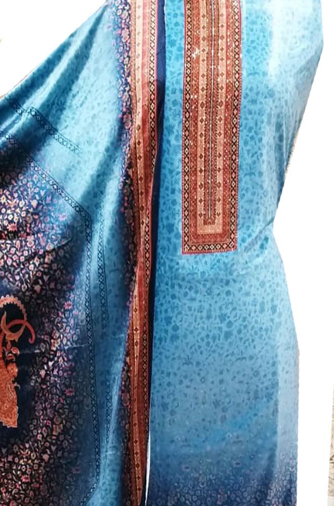 Blue Digital Printed Velvet Three Piece Unstitched Suit Set - Luxurion World