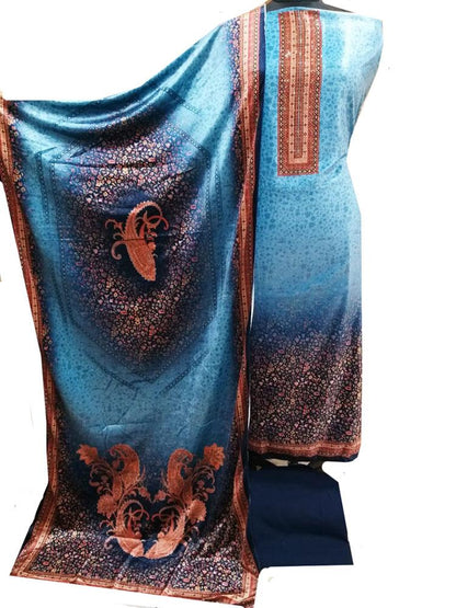 Blue Digital Printed Velvet Three Piece Unstitched Suit Set - Luxurion World
