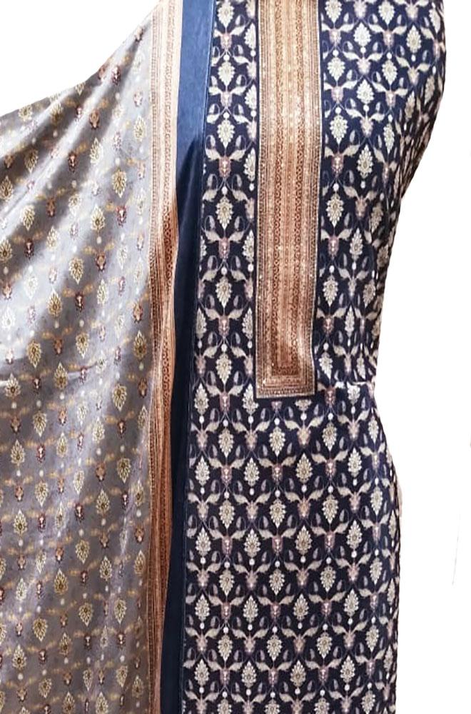 Blue Digital Printed Velvet Three Piece Unstitched Suit Set - Luxurion World