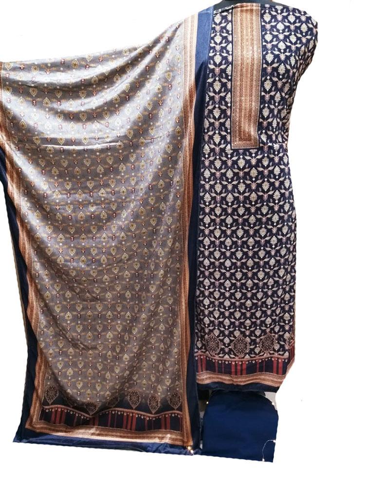 Blue Digital Printed Velvet Three Piece Unstitched Suit Set - Luxurion World