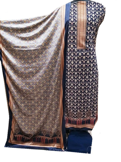 Blue Digital Printed Velvet Three Piece Unstitched Suit Set - Luxurion World