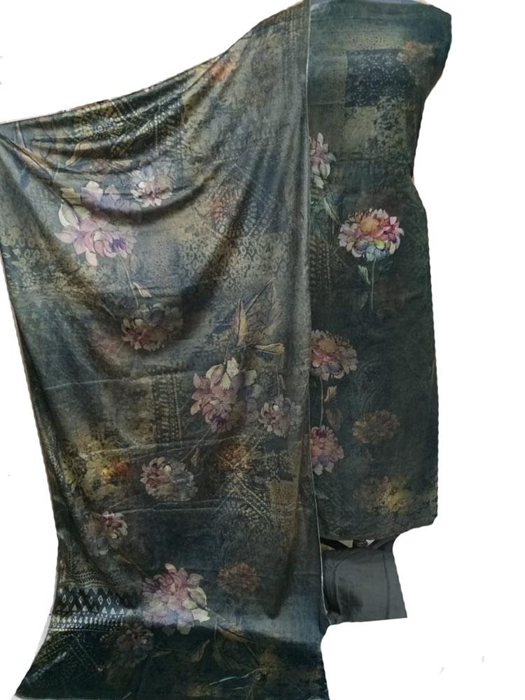 Green Digital Printed Velvet Three Piece Unstitched Suit Set - Luxurion World