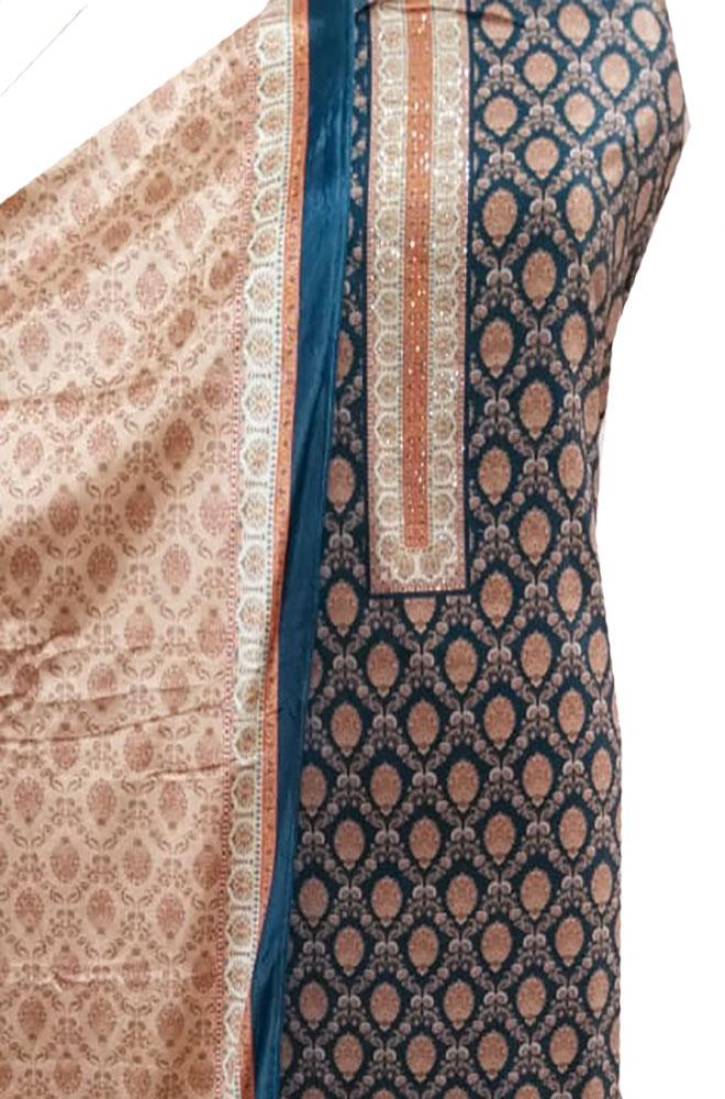 Blue Digital Printed Velvet Three Piece Unstitched Suit Set - Luxurion World