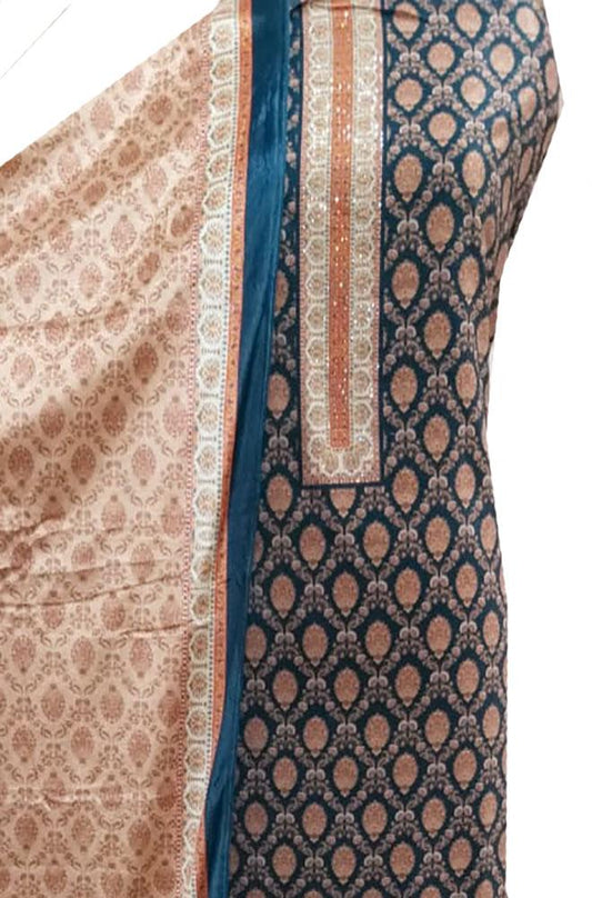 Blue Digital Printed Velvet Three Piece Unstitched Suit Set - Luxurion World