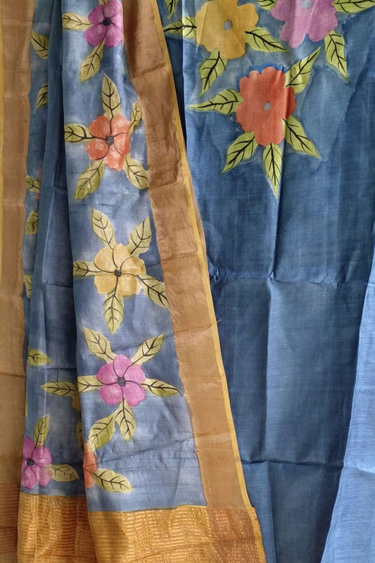 Blue Hand Painted Pure Tussar Silk Two Piece Unstitched Suit Set