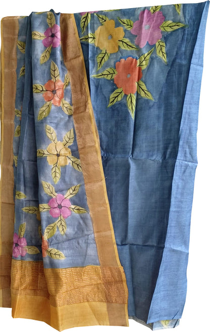 Blue Hand Painted Pure Tussar Silk Two Piece Unstitched Suit Set - Luxurion World