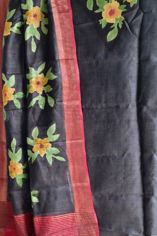 Black Hand Painted Pure Tussar Silk Two Piece Unstitched Suit Set