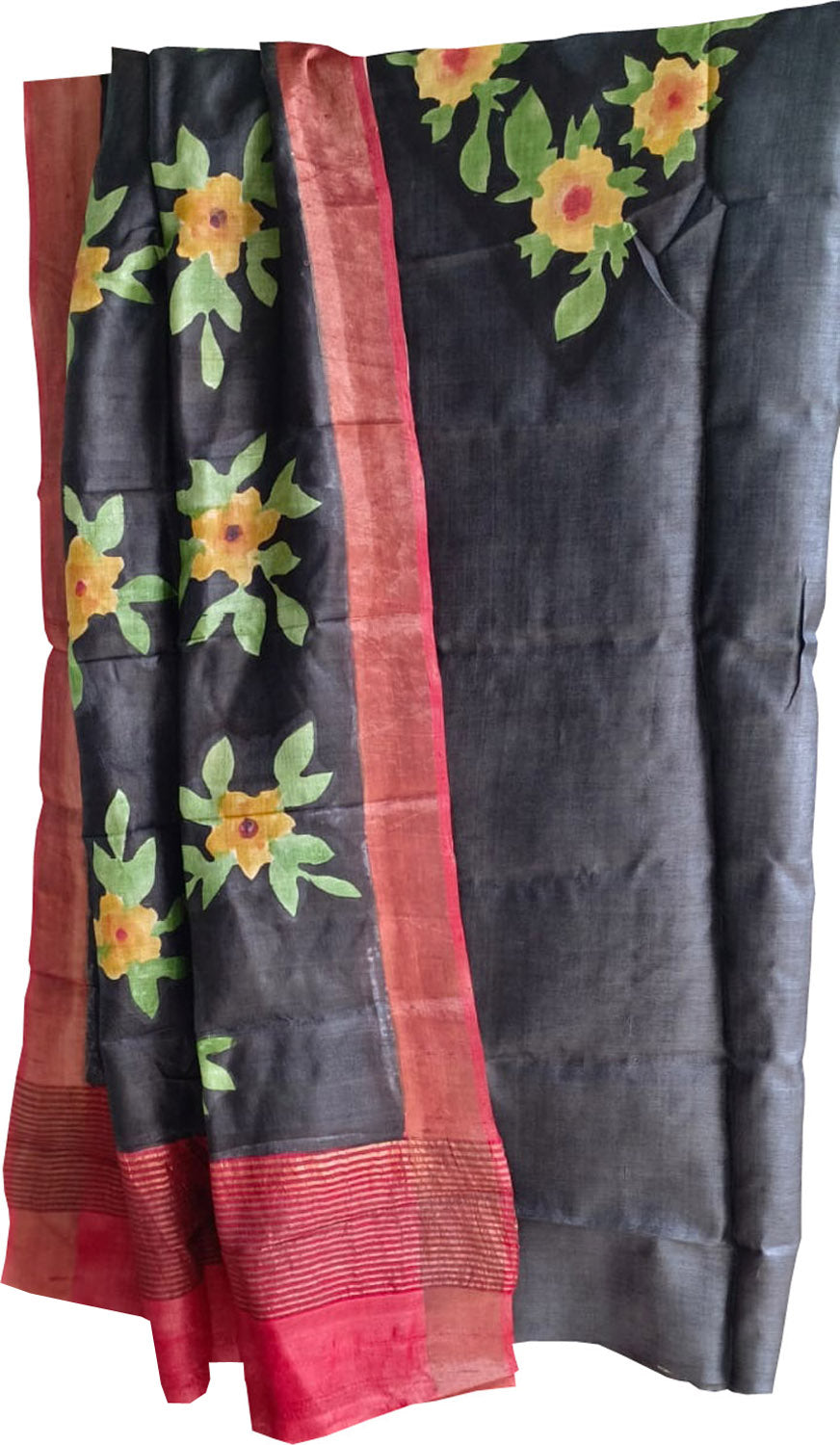 Black Hand Painted Pure Tussar Silk Two Piece Unstitched Suit Set - Luxurion World
