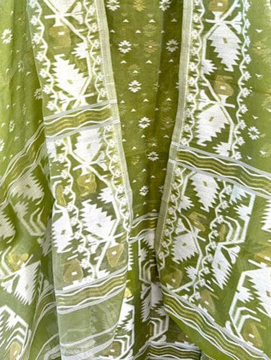 Green Jamdani Cotton Silk Two Piece Unstitched Suit Set - Luxurion World