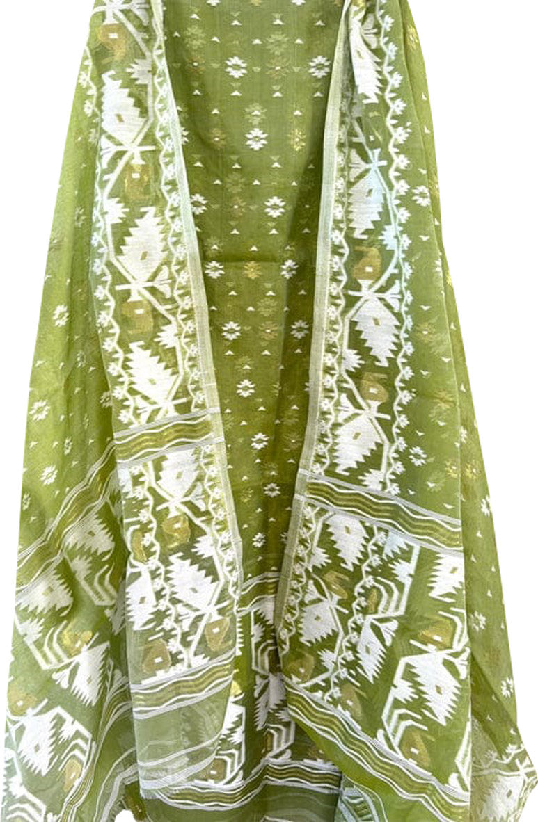 Green Jamdani Cotton Silk Two Piece Unstitched Suit Set - Luxurion World