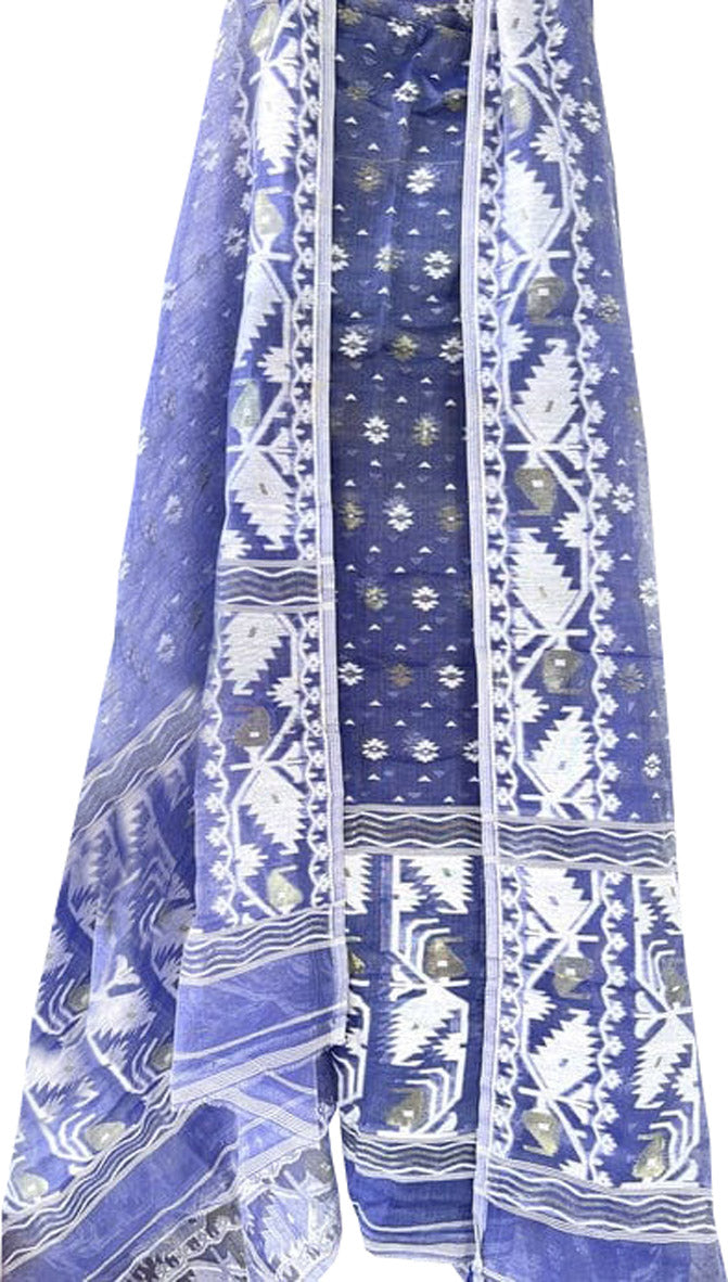 Blue Jamdani Cotton Silk Two Piece Unstitched Suit Set - Luxurion World