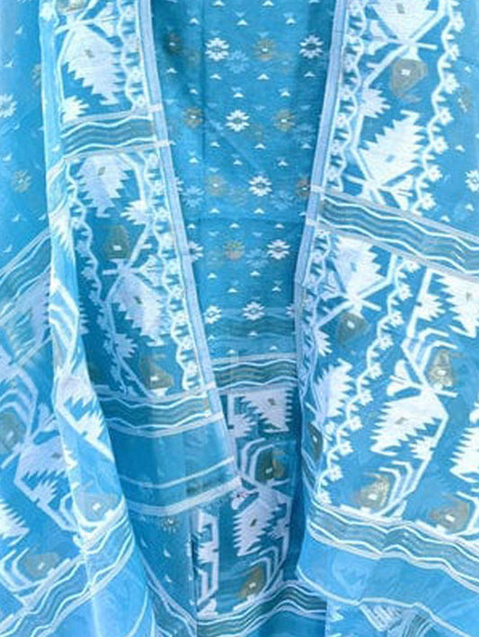 Blue Jamdani Cotton Silk Two Piece Unstitched Suit Set
