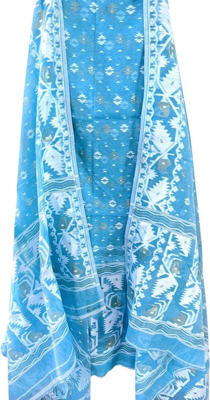 Blue Jamdani Cotton Silk Two Piece Unstitched Suit Set - Luxurion World