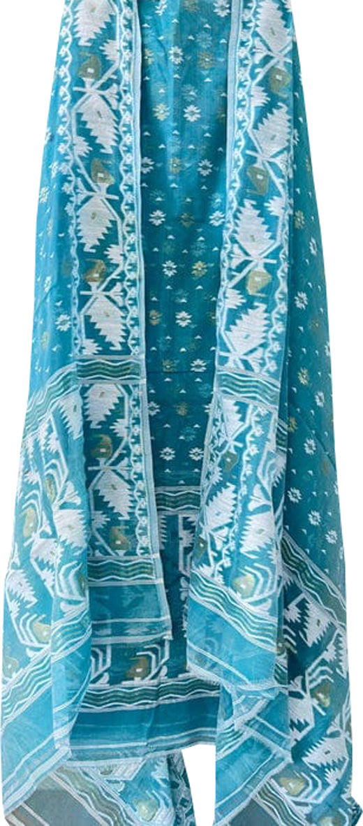 Blue Jamdani Cotton Silk Two Piece Unstitched Suit Set - Luxurion World