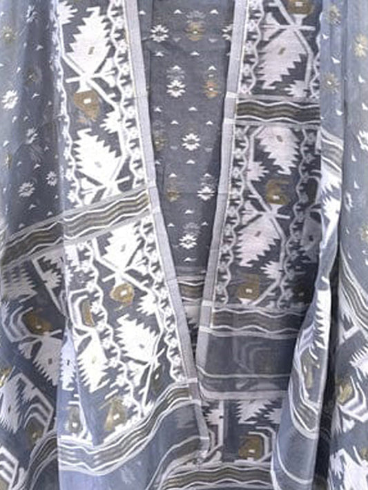 Grey Jamdani Cotton Silk Two Piece Unstitched Suit Set - Luxurion World