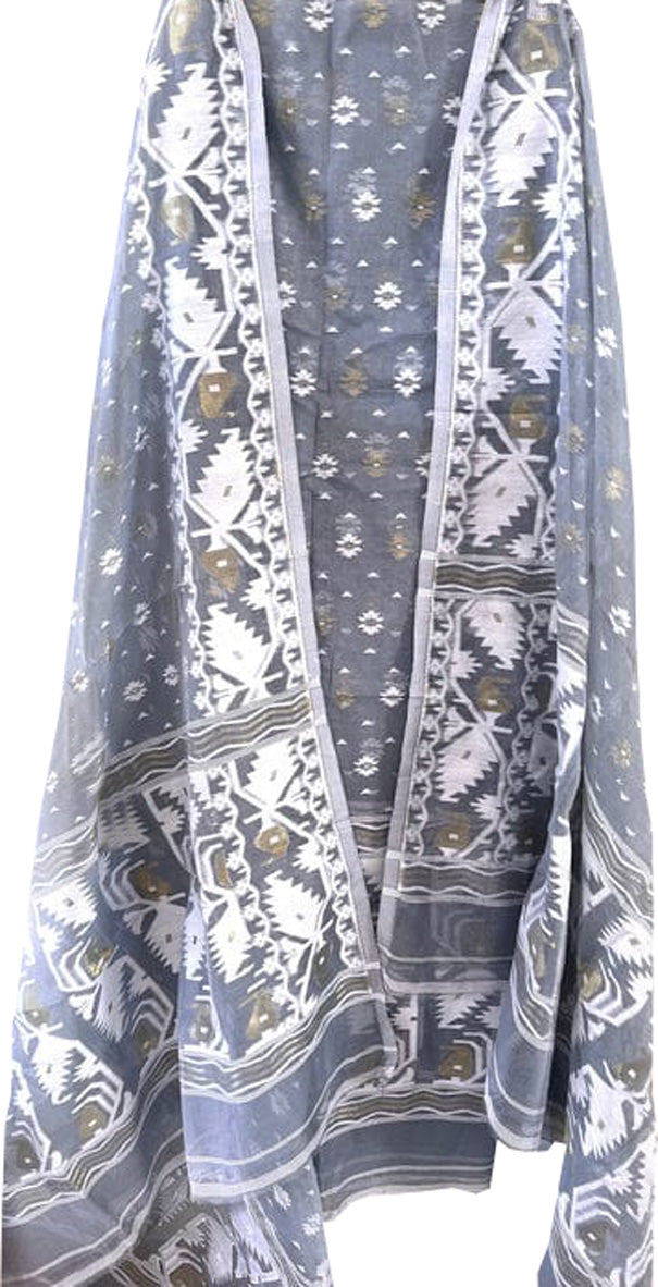 Grey Jamdani Cotton Silk Two Piece Unstitched Suit Set - Luxurion World