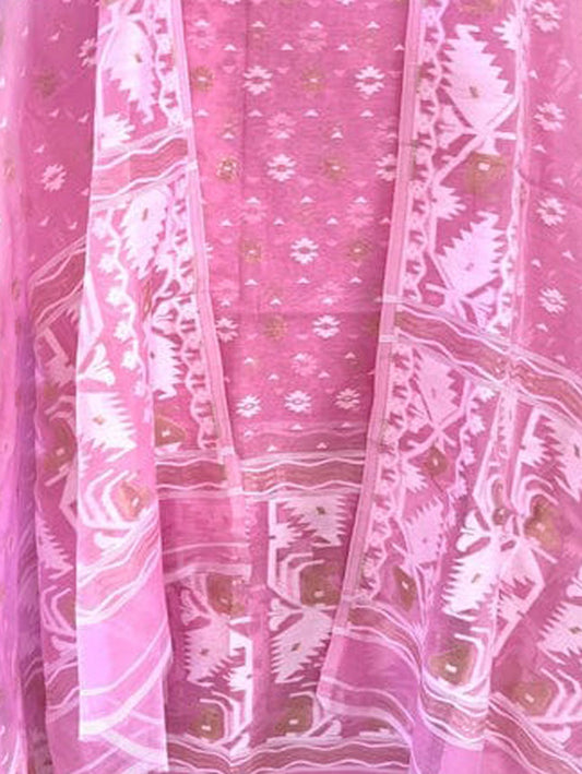 Pink Jamdani Cotton Silk Two Piece Unstitched Suit Set - Luxurion World