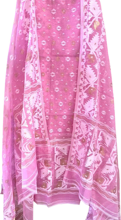 Pink Jamdani Cotton Silk Two Piece Unstitched Suit Set - Luxurion World