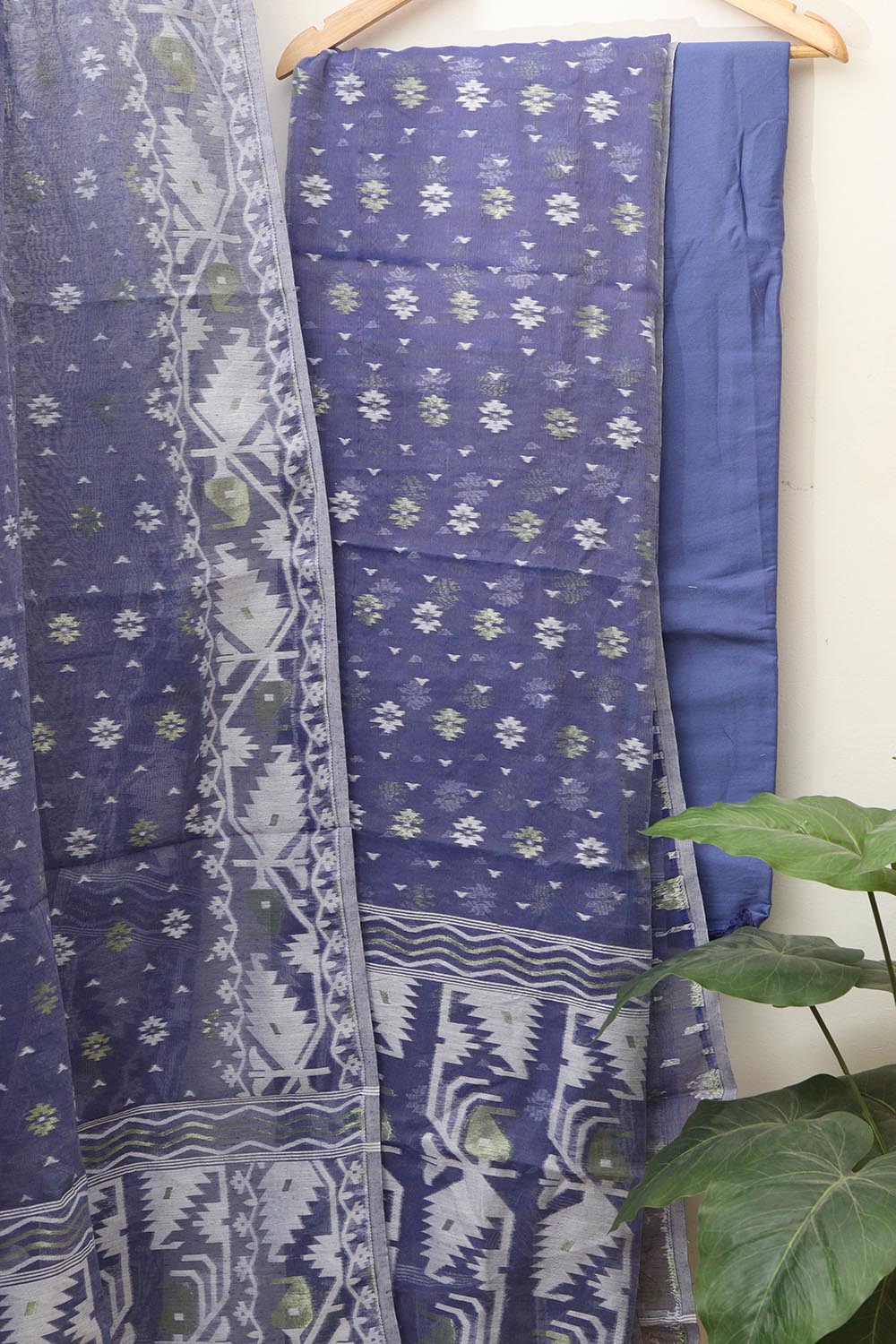 Blue Jamdani Cotton Silk Three Piece Unstitched Suit Set - Luxurion World
