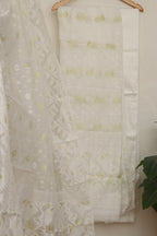 White Jamdani Cotton Silk Three Piece Unstitched Suit Set - Luxurion World