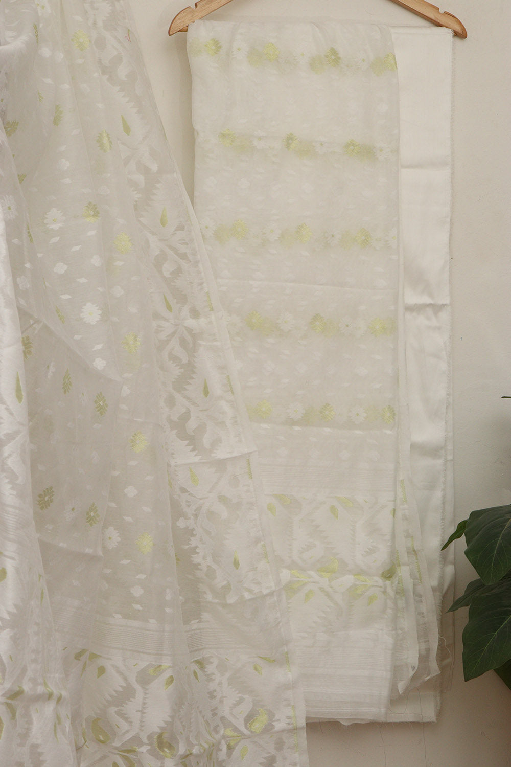White Jamdani Cotton Silk Three Piece Unstitched Suit Set - Luxurion World