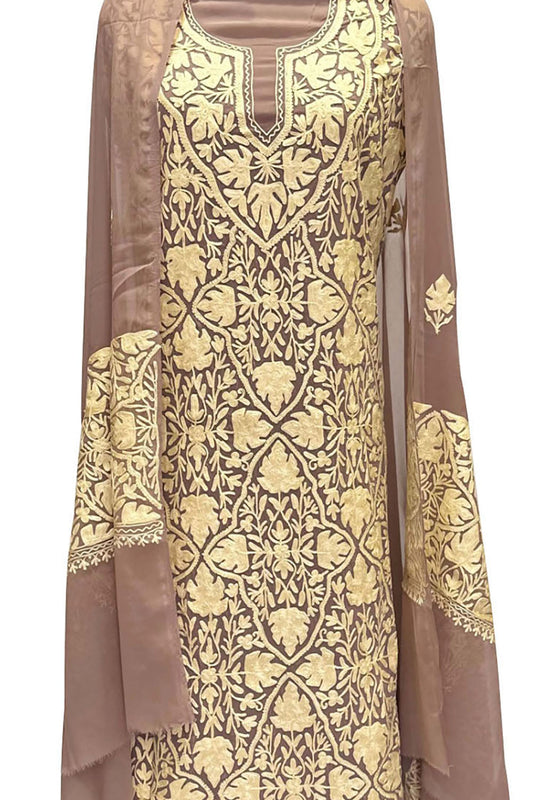 Elegant Pink Kashmiri Aari Work Georgette Three Piece Suit
