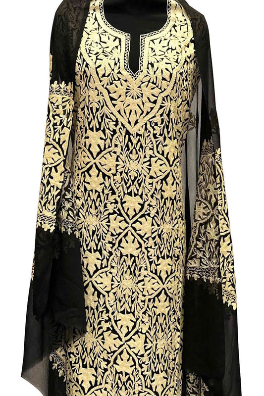 Elegant Black Kashmiri Aari Work Georgette Three Piece Suit - Luxurion World