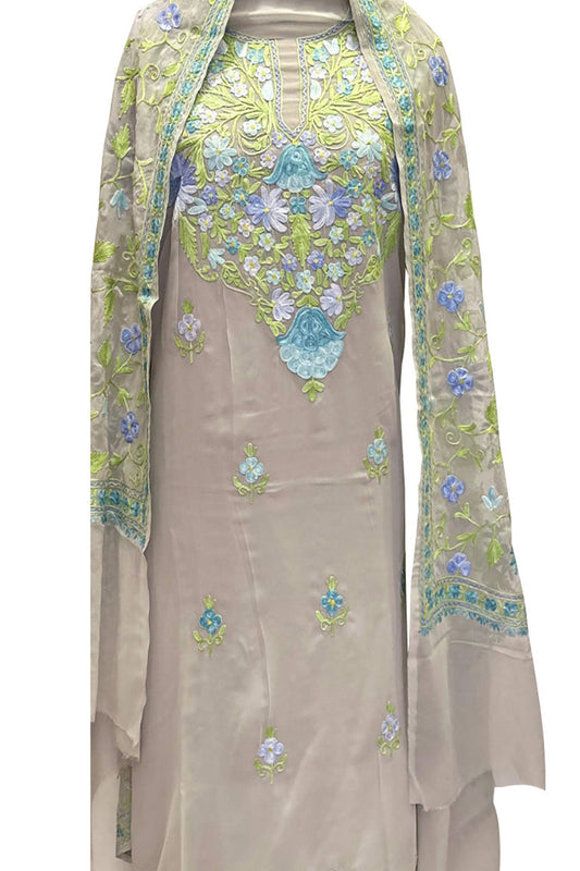Pastel Kashmiri Aari Work Georgette Three Piece Unstitched Suit Set - Luxurion World