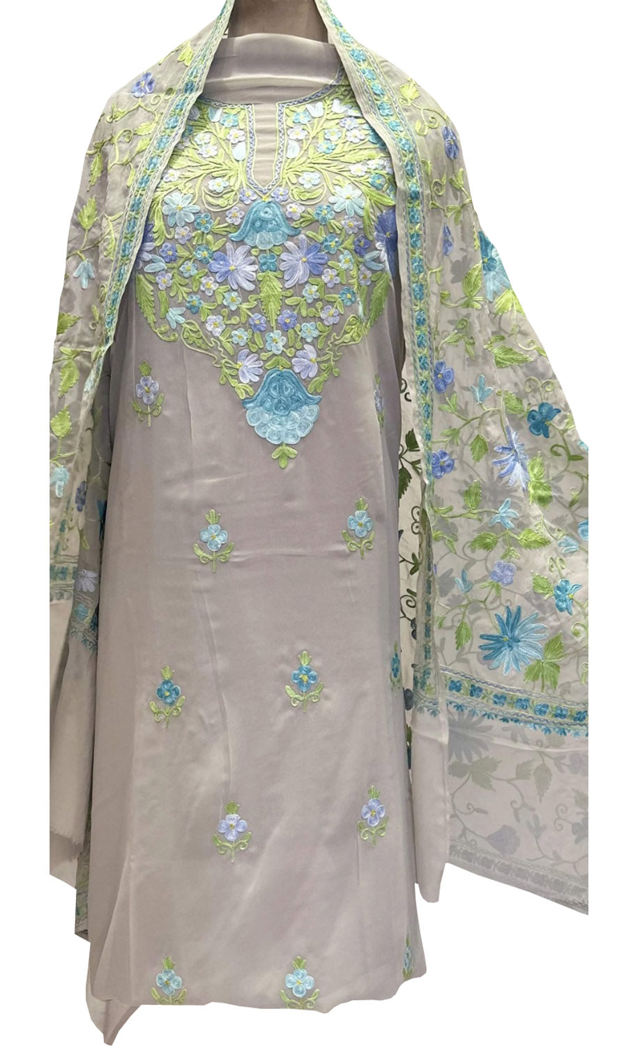 Pastel Kashmiri Aari Work Georgette Three Piece Unstitched Suit Set - Luxurion World