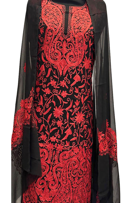 Elegant Black Kashmiri Aari Work Georgette Three Piece Unstitched Suit Set