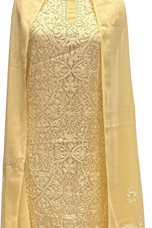 Yellow Kashmiri Aari Work Georgette 3-Piece Unstitched Suit Set - Luxurion World