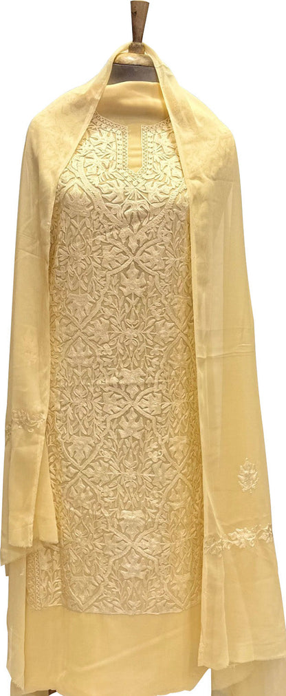 Yellow Kashmiri Aari Work Georgette 3-Piece Unstitched Suit Set - Luxurion World