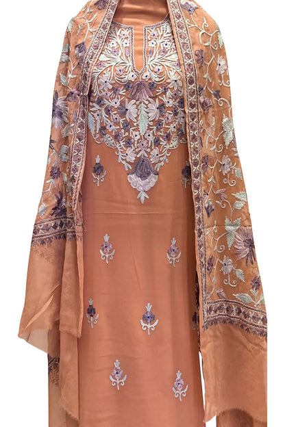 Elegant Orange Kashmiri Aari Work Georgette Three Piece Suit - Luxurion World