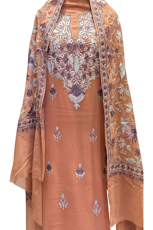 Elegant Orange Kashmiri Aari Work Georgette Three Piece Suit