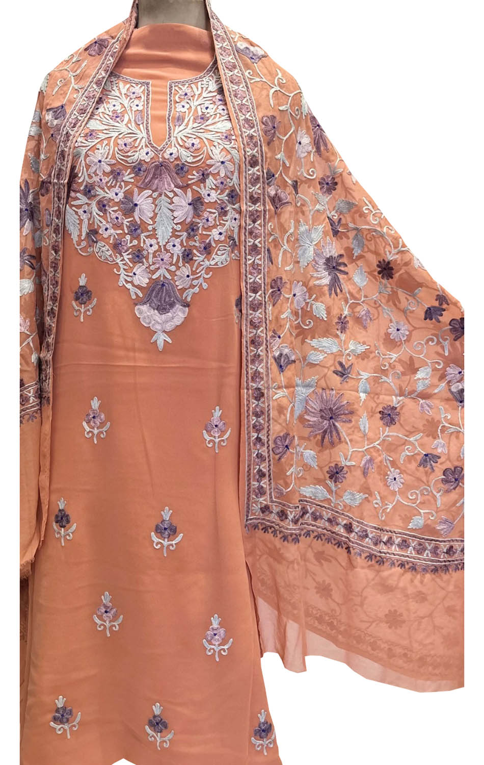 Elegant Orange Kashmiri Aari Work Georgette Three Piece Suit - Luxurion World