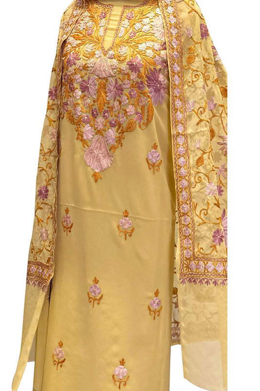 Yellow Kashmiri Aari Work Georgette 3 Piece Unstitched Suit