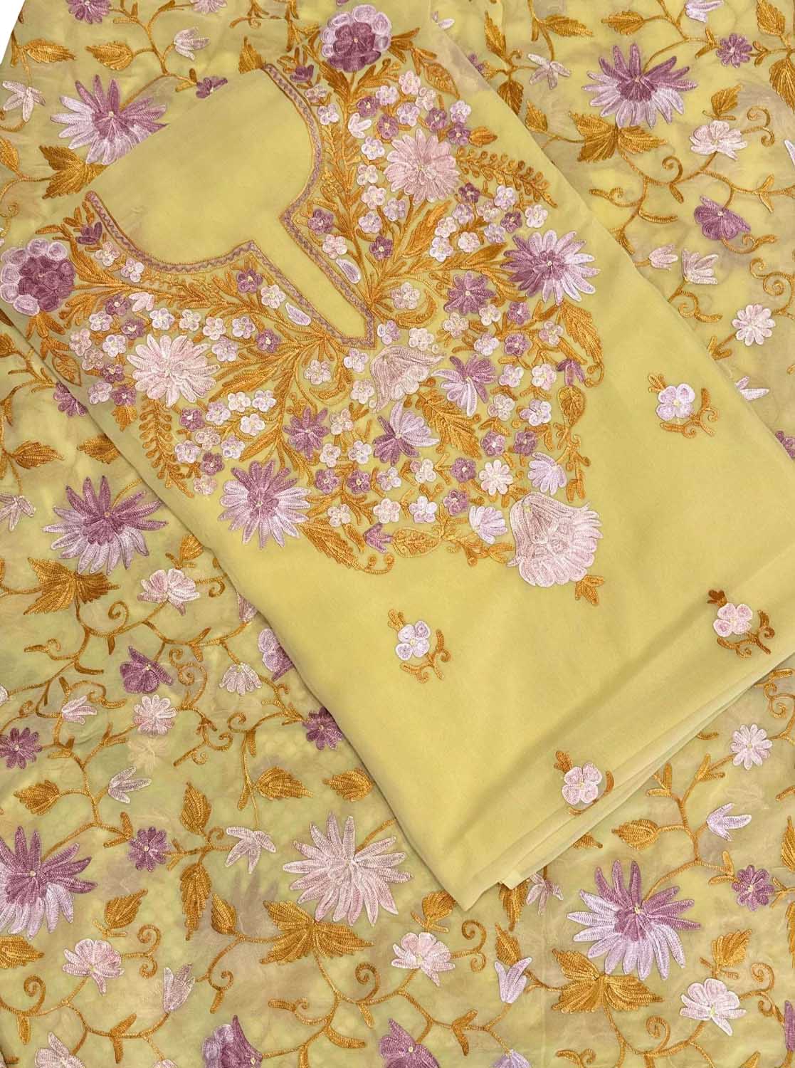 Yellow Kashmiri Aari Work Georgette 3 Piece Unstitched Suit - Luxurion World