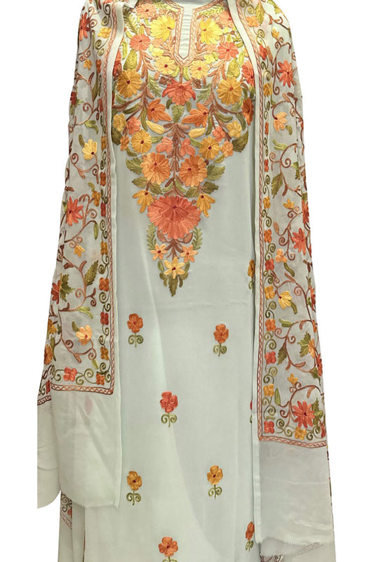 Elegant Off White Kashmiri Aari Work Georgette Suit Set