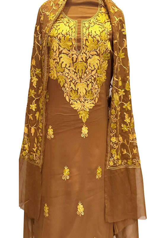 Elegant Brown Kashmiri Aari Work Georgette Suit Set