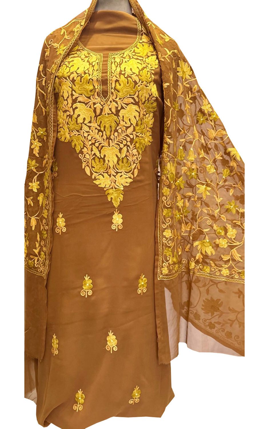 Elegant Brown Kashmiri Aari Work Georgette Suit Set - Luxurion World