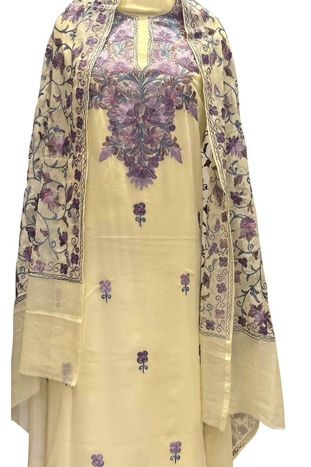 Pastel Kashmiri Aari Work Georgette Three Piece Unstitched Suit Set - Luxurion World