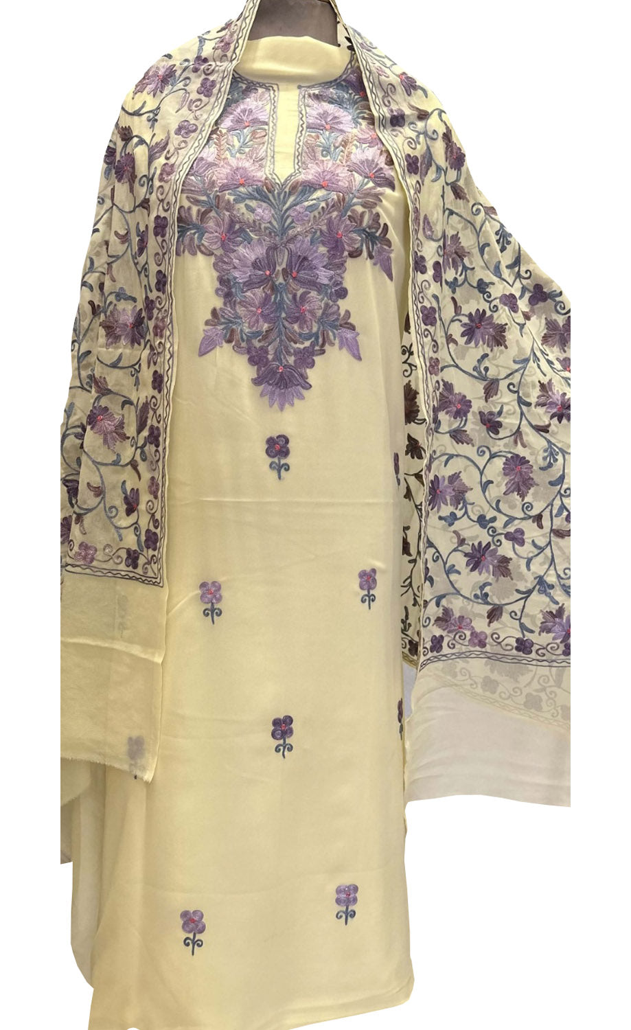 Pastel Kashmiri Aari Work Georgette Three Piece Unstitched Suit Set - Luxurion World
