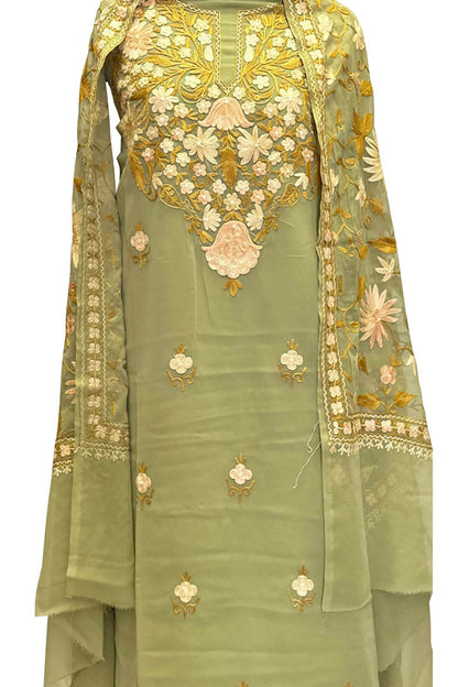 Elegant Green Kashmiri Aari Work Georgette Three Piece Suit - Luxurion World